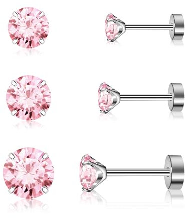 Artskin 3 Pairs Titanium Women Stud Earrings Girls CZ Cubuic Zirconia Earring Studs Hypoallergenic Flat Back Pink Men Earring Studs Set for Cartilage 3mm-5mm