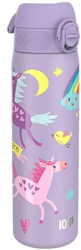 ION8 Lightweight Steel Water Bottle, 600 ml/20 oz, Non-Insulated, Leak Proof, Easy to Open, Secure Lock, Dishwasher Safe, Flip Cover, Fits Cup Holders, Carry Handle, Metal Water Bottle,Purple Unicorns