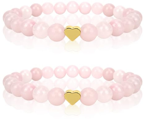GADITIEK 2 Pièces Bracelet Quartz Rose, Bracelet en Pierre Naturelle pour Femme avec perles de 8 mm et cœur en, Bracelet Perles Femme