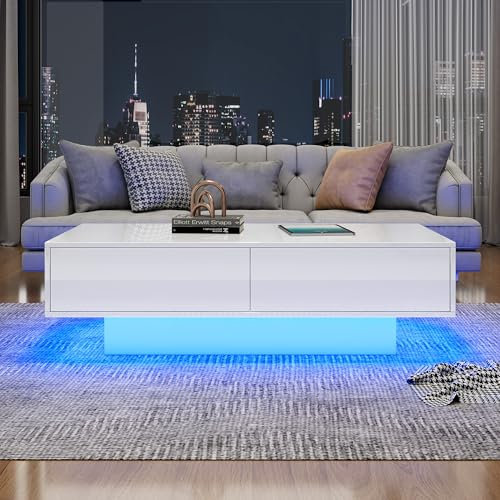 Soweiz Moderner Hochglanz Couchtisch, Einfach Couchtisch mit 2 Schubladen, LED-Beleuchtung und 30 kg Tragkraft – Eleganter Wohnzimmertisch, 115 x 55 x 34 cm (Weiß)