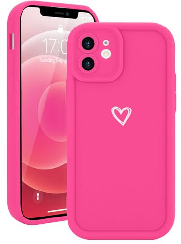 Micoden for iPhone 12 Case Cute Girls Silicone Shockproof Protective Bumper Case with Love Heart Pattern Design for iPhone 12-Hot Pink