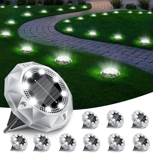 10 Pezzi Luci Solari da Giardino, 8 LED Faretti Sepolta Solari a Led da Esterno IP65 Impermeabile, Luci Solare Decorazione Lampade Solare da Terra per Cortile Prato Vialetto Paesaggio,Bianco Freddo