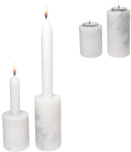 Kerzenhalter aus Marmor – 2-in-1 Design für Stabkerzen & Teelichter – Elegantes Dekor in Schwarz & Weiß – Moderner Kerzenständer für Wohnräume, Esstisch & Geschenkideen (Weiß)