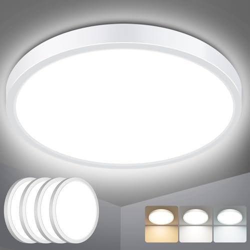 slochi 4 Pack Bathroom Light, 3000K/4000K/6500K 3 Color Temperature, Waterproof IP44, Small, Round, Modern, 18W 2100LM Flush Ceiling Light for Bathroom, Kitchen, Bedroom, Hallway,Ø18CM