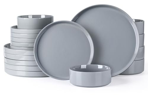 GBHOME Dinnerware Set for 6, 18 Piece Speckled Plates and Bowls Set with Glazed Bottom, Chip & Scratch Resistant Stoneware Plates Sets, Dishwasher & Microwave Safe Dishes, Limestone