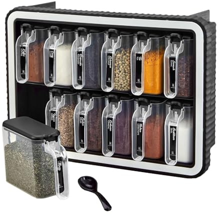 Kitchen Life Lot de 12 pots à épices avec poignée, cuillère et support mural, 300 ml, avec étiquettes et support, autocollants et sans BPA