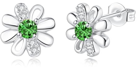 DOA Daisy Sterling Silver Stud Earrings, Silver Earrings With Green Zircondia Crystals, Flower Earring Jewellery Gifts For Girls