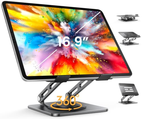 LOXP Adjustable Tablet Stand, 360 Rotating iPad Stand with Heavy-Duty Base, Tablet Holder Compatible with 4.0-16.9 Device, 2025 iPad Pro Air Mini, Kindle, Surface Tablet, Portable Monitors - Black