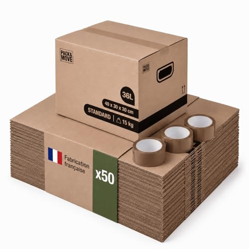Pack and Move - 50 Stück Umzugskartons zur Aufbewahrung von Büchern – 40 x 30 x 30 cm – verstärkte Griffe – 3 Aufkleber gratis