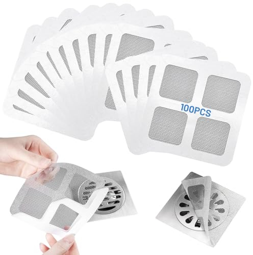 100 Stück Haarsieb Dusche, 10×10 cm Selbstklebender Duschabfluss Haarfänger | Feinmaschiges Abflusssieb Dusche Haare, Einweg Abflussnetz für Dusche, Badewanne & Küche, Gegen Verstopfung
