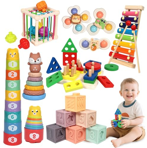 LearnToy Montessori 7-in-1 Aktivitätsset für Kleinkinder 18–36 Monate | Spielzeug mit Stapelblöcken, Beißring & Sensorik-Spiel, Geschenkidee