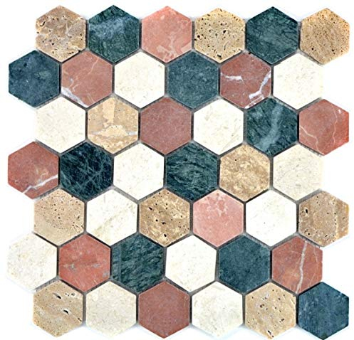 Mosaik Fliese Marmor Naturstein creme beige rot grün Hexagon Random MOS42-1213_f
