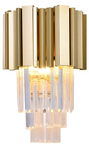 LED E14 Wandleuchte Kristall Modern Schlafzimmer Wohnzimmer Korridor Flur Lampe, Golden Wandlampe 2-Flammig Rechteck Wandlichter Kreativ für Küchen-insel Esszimmer Arbeitszimmer Villa Treppen, 22*40cm