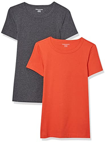 Amazon Essentials T-Shirt Girocollo a Maniche Corte Slim Donna, Pacco da 2, Carbone Puntinato/Rosso Pomodoro, XS