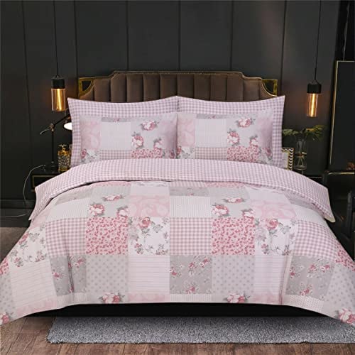 PRIME LINENS Double Floral Grey Duvet Cover Set 4 Pcs Polyester-Cotton Quilt Cover Bedding Set With Pillow Cases and Extra Fitted Sheet Included Easy Care (Grey Floral, Double 4 Piece)