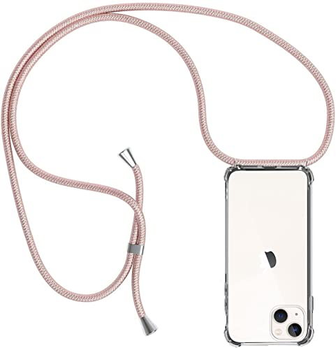 ZYIMOU Coque pour iPhone 14 Plus avec Cordon, Collier Étui de Protection Ultra-Mince Transparente Clair Silicone Gel Souple TPU Antichoc Coque avec Corde - Or Rose