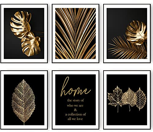 HoozGee Gold Leaf Art Prints Modern Black Gold Botanical Tropical Plant Leaves Art Wall Pictures Canvas Prints Gallery Wall Art Poster Wall Decor (11x14 UNFRAMED)