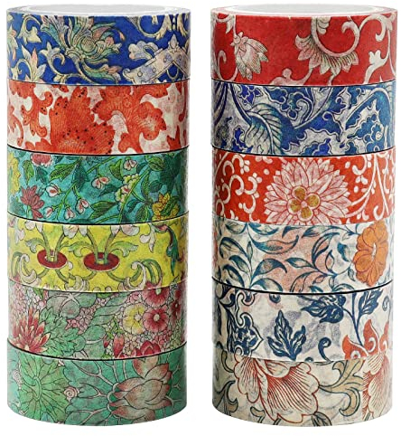 Berkin Arts Ruban Washi d'Art Fleurs Lot de 12 rouleaux, Washi Tape de masquage japonais de 15 mm de large Adhésif DIY Papier Décoratif,Artisanat Masquage Rose Owen Jones imprimer
