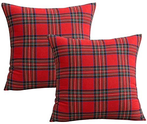 Weihnachten Kissenhüllen Kariert 2 er, Qelus Kissenbezug Plaid Schottischen, Weihnachtskissenbezug Dekorative 45x45cm Baumwolle Polyester, für Sofa Schlafzimmer Wohnzimmer Auto (Rot Große Kariert)