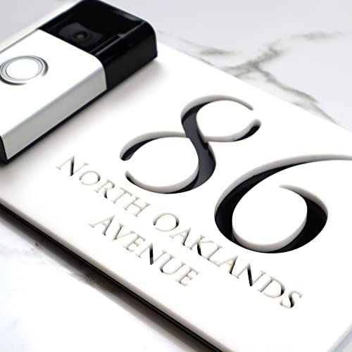 K Smart Sign | Right Text F32 | Bellissima Video Doorbell house sign door number plaques for Nest Ring Wifi doorbell plate mount | Matt White | 300mm x 160mm (Matt White & Gloss Black Mirror)