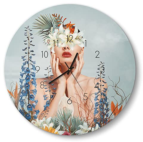 DEQORI Glasuhr | rund Ø 50 cm | Motiv Nackte Frau mit Blumen | große XXL Design Uhr aus Glas | leise Wanduhr für Wohnzimmer & Küche | Moderne Hingucker Uhr für die Wand