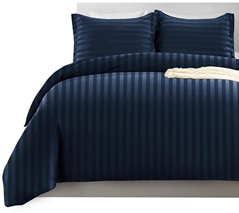Imperial Rooms King Size Duvet Cover Sets Reversible Stripes Satin Bedding Set with Pillowcases Breathable Microfiber Duvet Covers (Navy 230x220 Cm)