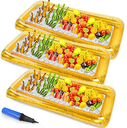 Inflatable Serving Bar Inflatable Buffett Cooler Salad Ice Tray Glitter Confetti Food Drink Containers with Air Pump for Indoor Outdoor BBQ Picnic Pool Party, 52 x 26 x 4.7 Inch (Gold,3 Pcs)