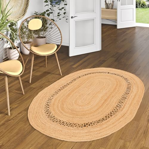 Pergamon Jute Teppich Salsa Oval - Handgefertigt aus strapazierfähiger Naturfaser - Schlichtes Geflochtenes Design - Verschiedene Größen und Formen verfügbar