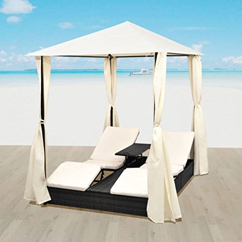 Homgoday Doppelliege Sonnenliege Gartenliege Liege Relaxliege Strandliege Freizeitliege mit Überdachung und Vorhang für Terrasse Balkon Garten Poly Rattan Schwarz