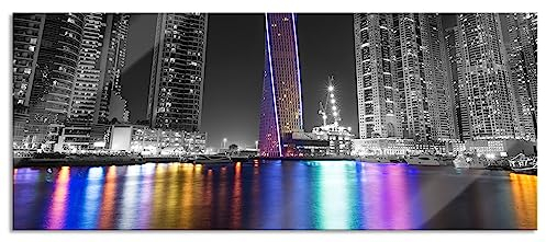 Pixxprint Glasbild Panorama, Wandbild aus Echtglas, Skyline von Dubai bei Nacht, 100x40 cm, inkl. Aufhängung und Abstandshalter