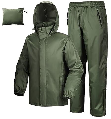 33,000ft Men's Waterproof Rainsuit Packable Rain Set with Reflective Strips | Nylon, Taped Seam, Hideaway Hood, 5 Pockets, Windproof, Breathable, for Fishing Hiking Camping