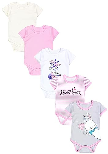 TupTam Baby Body Mädchen 5er Pack – Kurzarm Body Baby aus Baumwolle, Ideal für Sommer und Alltag, Farbe: Streifen Giraffe Kaninchen Rosa Weiß Grau, Größe: 104