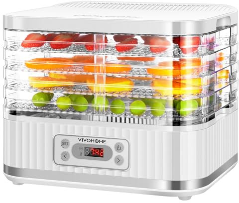 VIVOHOME Elektrischer Dörrautomat mit 5 Einschüben, 400 W, Dörrgerät mit 72-Stunden-Digitaltimer und Temperaturregelung für Obst, Gemüse, Fleisch, Trockenfleisch, Kräuter, Rindfleisch, Pilze, weiß