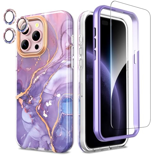 SHEDEER for iPhone 15 Pro Max Case with Screen Protector + Bumper & Camera Protector, TPU Shockproof 360° Protection, 15 Pro Max Cases Glossy Fade-Resistant Pattern Phone Case 15 Pro Max, Purple