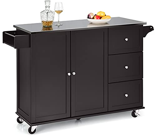 GIANTEX Küchenwagen mit Edelstahlplatte, Küchenschrank mit Rollen, bewegliche Kücheninsel mit 3 Schubladen & Verstellbaren Ablagen, Servierwagen Rollwagen Holz, Küchentrolley 135x45,5x91,5cm (Braun)