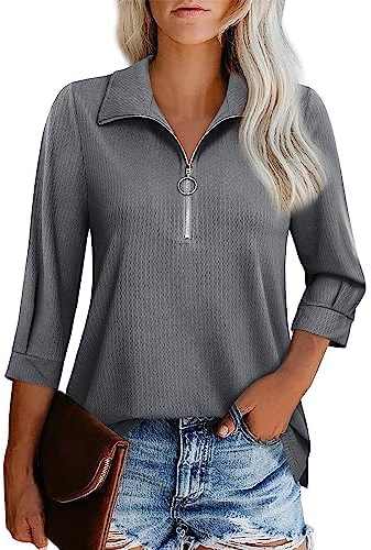 Cuptacc Bluse Damen V-Ausschnitt Business 3/4 Kurz Ärmel Tunika Mode Half Zip Design Langshirt Hemd Tops Henley Shirt Herbst Morandi Gray XL 46-48