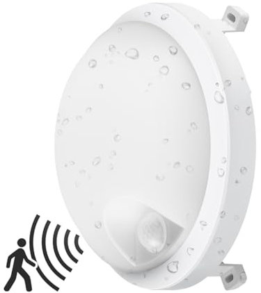 ANWIO 12W Lámpara de Pared Impermeable Redonda para Exteriores Interiores, con Sensor de Movimiento, IP54 PIR Luz Blanca Neutra 4000K 900LM. Blanco