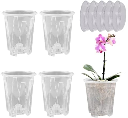 5 Stück Transparente Orchideentöpfe mit Drainageloch Orchidee Pflanztöpfe mit Untersetzer Kunststoff Orchideentopf Geschlitzter Blumentopf Übertopf Kindergartentöpfe für Orchideen-Umtopf-Set (14cm)