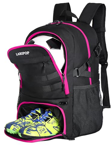 LARIPOP Grand sac de football - Sac à dos et sacs de football pour jeunes - Sac de sport pour basket-ball, volley-ball et football - Compartiment séparé pour chaussures à crampons et ballons., rose