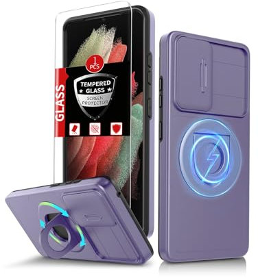 FRLMOOES pour Samsung Galaxy S21 Ultra Coque Magnétique Compatible avec MagSafe Chargement sans Fil,avec Trempé Protection,Cache Caméra intégré,Béquille Support,Étui Antichoc Absorbant de Choc Violet