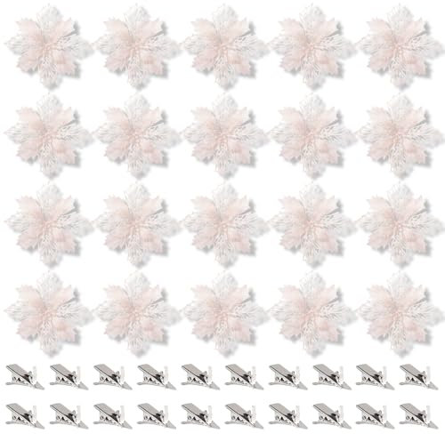 20 Stücke Christbaumschmuck Glitter Poinsettia,Weihnachtsschmuck Baumschmuck Künstliche Weihnachtsblumen Deko für Weihnachtsbaum Weihnachtskranz Ornamente (Rosa-Weiß)