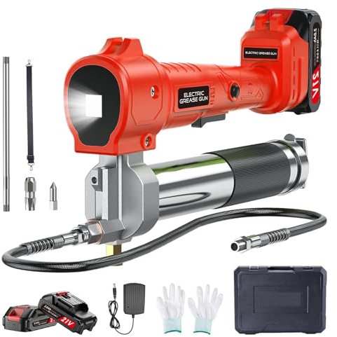 Grease Gun Battery Powered for Truck: 10000 PSI Electric Grease Gun with 2 Batteries and Charger - Heavy Duty Cordless Grease Gun with LED Light for Trailer - Car Boat Machinery Maintenance