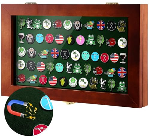 Silipull 40 Golf Ball Marker Display Case Full Magnetic Backing 15.5 W x 9.5 H Wall Mount Wooden W/98% UV Acrylic Door Lockable Storage Display Box for Ball Marker Collection(Brown)