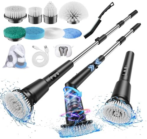 Electric Spin Scrubber,New Upgraded Cordless Electric Cleaning Brush,3 Speeds Adjustable Extension Arm & 8 Replaceable Brush Heads, Power Scrubber for Bathroom,Kitchen,Tile,Floor and Bathtub (Black)
