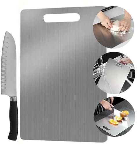Tabla de Cortar de Titanio de 34x23 cm doble cara con Cuchillo Japonés, Apta para Lavavajillas.Tabla de cocina de acero inoxidable. Tabla de cortar carne, verduras, perscado. Tabla alimentaria.