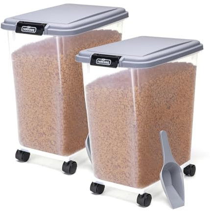 Nobleza - 2 Piezas Contenedor de Comida para Mascotas 40L, Mascotas Caja de Alimentos con Ruedas Contenedor, Tapa abatible, hermética, Transparente, Ruedas y Pala, para Comida para Perros y Gatos