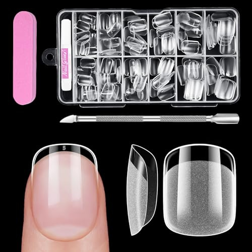 Capsule Ongle Carré Court, Venares 120 Pièces Capsules Ongles 12 Tailles Pose Ongle avec Colle, Blocs de Polissoirs Ongles, Pousse-cuticules, XXS Court Faux Ongles et Capsules