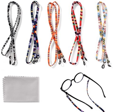 Lyeteung 5 Piezas Cordones para Gafas, Multicolor Cuerda de Gafas, Correas para Gafas, Cordón de Gafas Étnico, con Paño de Gafas, para Gafas de Sol, Gafas, Gafas de Lectura