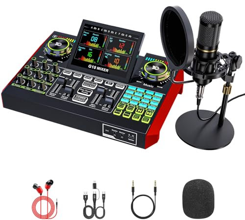Podcast Microphone Bundle with Live Sound Card Audio Mixer, Podcast Equipment Bundle with 3.5mm Condenser Microphone for Pc/Phone Live Streaming Singing Gaming, Sound Board with Voice Changer, Denoise