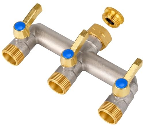 Wasserverteiler 3 Wege, Durchflussstarker Wasserverteiler 3Fach, Verlängerter Goldener Griff 3/4 Zoll Adapter für Haus, Hof/Waschmaschine (Großer Strom)